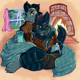 alternative_fashion ankh anthro arm_over_shoulder autumn bare_shoulders barefoot black_clothing black_shirt black_topwear blush bottomwear clothing comfy container cozy cup drinking_glass duo eyes_closed feet female female/female fireplace glass glass_container glass_cup glass_of_milk half-closed_eyes lightning_bolt lowered_shirt milk milk_container mug narrowed_eyes orange_clothing orange_sweater orange_topwear pajama_pants pants pattern_bottomwear pattern_clothing pattern_pants raining romantic romantic_couple shirt striped_bottomwear striped_clothing striped_pants stripes sweater thunderstorm topwear hirothedragon night_in_the_woods bea_santello mae_borowski alligator alligatorid crocodilian domestic_cat felid feline felis mammal reptile scalie 1:1 absurd_res hi_res