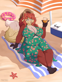 anthro beach belly big_breasts breasts clothed clothing dress female female_anthro fluffy fluffy_tail fur heterochromia lying lying_on_towel pokemorph red_body red_fur sand slightly_chubby smile solo tail towel mestysa nintendo pokemon delphox generation_6_pokemon pokemon_(species) absurd_res hi_res