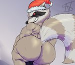 alternate_costume anthro backsack balls big_butt bubble_butt butt christmas_clothing christmas_headwear clothing fur genitals hat headgear headwear holidays humanoid_genitalia looking_at_viewer looking_back male red_eyes short_stack simple_background solo tail thick_thighs white_body white_fur wide_hips nightsome christmas guardians_of_the_galaxy marvel marvel_rivals rocket_raccoon mammal procyonid raccoon digital_media_(artwork) hi_res