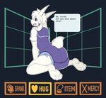 anthro bottomwear clean_diaper clothed clothing dialogue diaper diaper_under_clothing diaper_under_onesie embarrassed gameplay_mechanics looking_back male onesie options question rear_view solo speech_bubble talking_to_another text underwear wearing_diaper bubblepuppers undertale undertale_(series) asriel_dreemurr_(god_form) bovid caprine goat mammal english_text hi_res