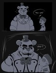 2024 absurd_res ambiguous_gender animatronic anthro bear black_background blue_eyes bodily_fluids bow_tie clothing collared_shirt dannabx_art duo english_text five_nights_at_freddy's freddy_(fnaf) front_view hat headgear headwear hi_res humanoid impending_doom looking_at_another looking_down looking_down_at_another machine male mammal monochrome nervous_sweat open_mouth question_mark robot scottgames shirt signature simple_background size_difference smile speech_bubble sweat sweatdrop teeth text top_hat topwear y/n