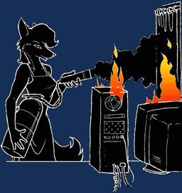 anthro computer crt desktop electronics female fire fire_extinguisher monitor simple_background slip_dress solo transparent_background oce tia_nay canid canine fox mammal alpha_channel low_res restricted_palette