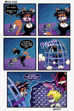 anthro bent_over big_breasts black_boots black_bottomwear black_choker black_clothing black_footwear black_hair black_jewelry black_lips black_necklace black_pants black_shirt black_speech_bubble black_tank_top black_topwear blonde_hair blue_clothing blue_jacket blue_topwear bodily_fluids boots bottomwear breasts butt cage calling_out cheek_tuft choker cleavage clothed clothing crying dialogue ear_piercing eyeshadow facial_tuft female footwear fur gradient_hair group hair head_wings highlights_(coloring) in_cage industrial_piercing industrial_piercing_ladder jacket jewelry lips makeup multicolored_hair nail_polish_(object) nail_polish_bottle neck_bolts necklace onomatopoeia orange_body orange_fur pants pawpads piercing pink_body pink_fur pink_highlights pink_pawpads profanity purple_body purple_eyeshadow purple_fur purple_hair purple_highlights question_mark red_body red_eyes red_fur running_makeup sharp_teeth shirt shoes sound_effects speech_bubble surgical_suture tank_top tears teeth text topwear trap_(contrivance) trio tuft two_tone_hair unusual_wing_placement wall_of_text white_body white_fur wings yelling boker laura_derose mary_(boker) val_(boker) bat-eared_fox canid canine canis fox lagomorph leporid mammal rabbit red_wolf wolf 2:3 comic full-length_portrait portrait