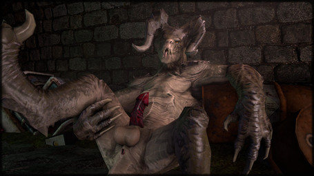 animal_genitalia animal_penis balls barrel bodily_fluids claws erection feral genital_fluids genitals horn leaning leaning_backward looking_at_viewer male nude penis precum presenting scales semi-anthro solo spread_legs spreading tapering_penis teeth tongue tongue_out fearsfortears fallout microsoft deathclaw scalie 16:9 widescreen