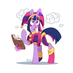 bell blush book confusion cosplay female feral horn jester magic open_mouth simple_background solo telekinesis ariamidnighters friendship_is_magic glitch_productions hasbro my_little_pony mythology the_amazing_digital_circus pomni_(tadc) twilight_sparkle_(mlp) equid equine mammal mythological_creature mythological_equine unicorn 1:1 hi_res