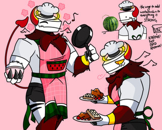 2_horns 4_fingers anthro apron black_bottomwear black_clothing black_shorts bodily_fluids bottomwear breath chef_hat closed_smile clothed clothed_anthro clothed_male clothing cookware dialogue dot_eyes drooling eyes_closed fingers food front_view fruit frying_pan fully_clothed fully_clothed_anthro fully_clothed_male fur green_apron green_clothing grey_clothing grey_hat grey_headwear grey_shirt grey_topwear halo hat head_horn headgear headwear holding_frying_pan holding_object holding_plate horn kitchen_utensils looking_at_food looking_at_object male melon mouth_closed muscular muscular_anthro muscular_male musical_note musical_symbol narrowed_eyes pink_apron pink_background pink_clothing plant plate print_apron print_clothing pupils rear_view red_body red_eyes red_fur saliva shirt shorts side_view simple_background simple_eyes slit_pupils smile solo spade_tail symbol tail text tools topwear watermelon white_body yellow_sclera skykdotidot karma_(skykdotidot) unknown_species 2023 5:4 artist_name digital_drawing_(artwork) digital_media_(artwork) english_text half-length_portrait hi_res portrait three-quarter_portrait