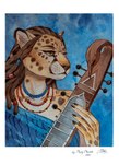 anthro blue_clothing blue_topwear border brown_hair clothed clothing dreadlocks eyelashes female fur hair holding_musical_instrument holding_object markings mouth_closed musical_instrument narrowed_eyes orange_body orange_fur playing_music solo spots spotted_body spotted_fur topwear white_body white_border white_fur yellow_eyes marie_merkh felid mammal 2021 absurd_res bust_portrait dated hi_res portrait signature traditional_media_(artwork)