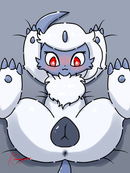 animal_genitalia animal_vulva anus bed blue_anus blue_background blue_body blue_fur blue_tail blue_vulva blush canine_genitalia canine_vulva eyelashes female female_feral feral fur furniture genitals looking_at_viewer lying multicolored_body multicolored_fur on_back on_bed paws presenting presenting_vulva red_eyes simple_background smile solo spread_legs spreading tail two_tone_body two_tone_fur vulva white_body white_fur conditional_dnp xammyxx nintendo pokemon absol generation_3_pokemon pokemon_(species) 2026 3:4 digital_media_(artwork) english_description hi_res ibispaint_(artwork) shaded signature watermark