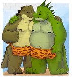 anthro belly big_belly bulge duo green_body hug kissing male male/male moobs navel nipples overweight overweight_male towel 06junior11 scalie unknown_species 2022 hi_res