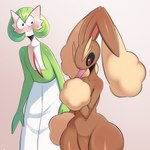 ambiguous_gender anthro biped black_sclera blush bodily_fluids brown_body brown_fur duo eyebrows food fur green_body multicolored_body multicolored_fur popsicle red_body red_eyes simple_background standing sweat tan_body tan_fur tongue white_body saltyxodium nintendo pokemon gardevoir generation_3_pokemon generation_4_pokemon humanoid lopunny pokemon_(species) hi_res