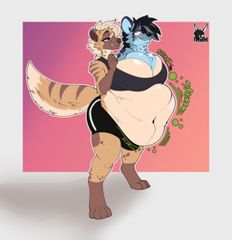 anthro big_breasts black_hair blue_body blue_fur breast_vore breasts claws duo female fur gloves_(marking) gynomorph gynomorph/female hair huge_breasts intersex intersex/female leg_markings markings simple_background socks_(marking) tail tan_body tan_fur tan_hair unusual_vore vore foxynoms mysty_(mr.mortecai) renny_(mr.mortecai) canid hyena mammal absurd_res digital_media_(artwork) hi_res