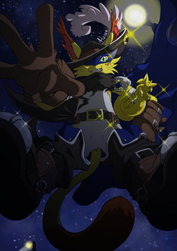 anthro belt boots clothing footwear fur gloves green_eyes grin handwear hat hat_feather headgear headwear loose_feather male melee_weapon night rapier shoes sky smile solo star starry_sky steel_toed_boots sword weapon yellow_body yellow_fur algren-hayabusa bandai_namco digimon digimon_(species) felid feline mammal nyabootmon hi_res