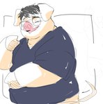 anthro clothing eyes_closed eyewear glasses kemono male overweight overweight_male shirt solo topwear inunoshippo domestic_pig mammal suid suine sus_(pig) 2022 hi_res