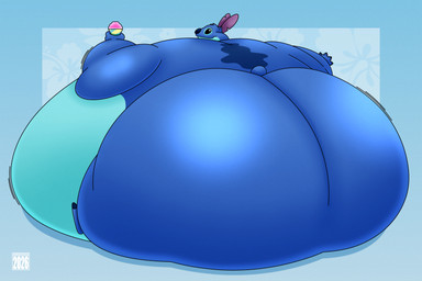 anthro belly big_belly big_butt big_nose black_eyes blue_background blue_body blue_border blue_nose blue_tail border butt chubby_cheeks dessert empty_eyes food holding_food holding_object huge_belly huge_butt hyper hyper_belly hyper_butt immobile looking_at_viewer looking_back looking_back_at_viewer male morbidly_obese morbidly_obese_anthro morbidly_obese_male motion_lines multicolored_body obese obese_anthro obese_male overweight overweight_anthro overweight_male purple_inner_ear scut_tail short_tail simple_background sitting smile smiling_at_viewer snow_cone solo tail two_tone_body weight_gain balloonedbird disney lilo_and_stitch stitch_(lilo_and_stitch) alien experiment_(lilo_and_stitch) 2026 colored digital_media_(artwork) hi_res shaded signature
