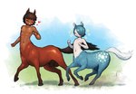 animal_genitalia animal_penis balls blue_hair brown_hair duo equine_genitalia eyes_closed femboy fully_sheathed genitals hair heart_symbol male penis sheath simple_background krocodilian lonely_cri european_mythology greek_mythology mythology owen_(lonely_cri) centaur equid equid_taur humanoid_taur mammal mammal_taur taur equine_sheath hi_res