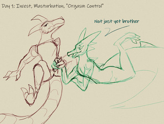 ambiguous_gender animal_genitalia anthro bedroom_eyes butt conflicted dialogue duo erection eyes_closed flat_chested genital_slit genitals hand_holding handjob horn looking_at_genitalia lying male male/ambiguous narrowed_eyes nude on_front orgasm_denial penile penis seductive sex side_view simple_background sitting smug spikes spikes_(anatomy) spread_legs spreading tail tapering_penis text nevvery kinktober kinktober_2025 kobold scalie 2025 english_text hi_res sketch brother_(lore) brother_and_sister_(lore) female_(lore) incest_(lore) sibling_(lore) sister_(lore)