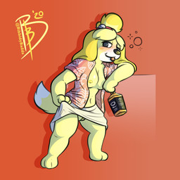 alcohol anthro arm_support bangs barely_visible_genitalia barely_visible_vulva bell beverage blush bottomwear breasts bubble clothed clothing clothing_lift dipstick_tail drunk drunk_bubble female genitals leaning_on_elbow markings monotone_bottomwear monotone_clothing monotone_skirt multicolored_tail nipples no_underwear open_clothing open_shirt open_topwear pencil_skirt shirt skirt skirt_lift solo standing substance_intoxication tail tail_markings teasing tongue tongue_out topwear vulva whiskey bibbidy animal_crossing nintendo isabelle_(animal_crossing) canid canine canis domestic_dog mammal 1:1 2020 alternate_version_at_source hi_res signature