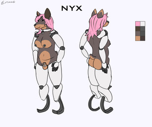 4_artificial_limbs animal_genitalia balls big_breasts breasts chastity_cage chastity_device collar cybernetics disability fully_sheathed genitals gynomorph hair intersex machine nipples nude penis pink_hair presenting prosthetic prosthetic_limb sheath simple_background solo standing text tongue tongue_out erimad nyx_(erimad) canid canine canis dobermann domestic_dog mammal pinscher 6:5 absurd_res hi_res model_sheet