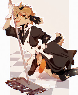 anthro bodily_fluids broom cleaning cleaning_tool clothing cum cum_on_ground genital_fluids genitals gloves handwear maid_uniform male nude penis solo star uniform white_clothing white_gloves white_handwear tokkot bovid caprine goat mammal absurd_res hi_res