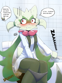anthro bathroom diarrhea embarrassed fart feces female pooping text toilet toilet_use kittypeller nintendo pokemon generation_9_pokemon meowscarada pokemon_(species) 3:4 english_text hi_res