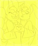 anthro arm_around_shoulders duo feathered_wings feathers female gesture hand_heart hug male romantic romantic_couple simple_background smile wings yellow_background jaylus_t_meowstic angel_hare the_east_patch angel_gabby angel_zaggy angel angel_hare_(the_east_patch) hare lagomorph leporid mammal rabbit absurd_res hi_res tagme