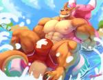 abs anthro beach biceps big_bulge big_muscles black_claws black_nose blue_eyes brown_body brown_fur bulge claws clothed clothing fur huge_muscles lifeguard looking_at_viewer lying male multicolored_body multicolored_fur muscular muscular_anthro muscular_male nipples on_back pecs pink_nipples quads sea seaside smile solo swimwear tan_body tan_fur topless triceps two_tone_body two_tone_fur water ritsukaxan kangaroo macropod mammal marsupial 2019 hi_res