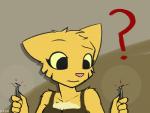 anthro confusion female fur lockpick painted_underwear question_mark simple_background solo yellow_body yellow_eyes yellow_fur sharkcatsg microsoft prequel_adventure the_elder_scrolls katia_managan felid khajiit mammal