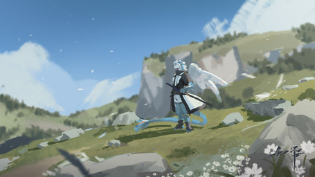 anthro black_clothing black_coat black_nose black_topwear blue_body blue_ears blue_fur blue_sky bottomwear clothed clothing cloud coat feathered_wings feathers fur hair hair_over_eyes male neck_tuft outside pants rock short_hair sky solo standing three-quarter_view topwear tuft unsigned white_body white_bottomwear white_clothing white_coat white_feathers white_fur white_hair white_pants white_topwear white_wings wings awaldkize canid mammal 16:9 hi_res widescreen