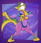 4_toes anthro barefoot clothing clothing_pull feet green_body latex latex_clothing latex_skinsuit leotard male markings multicolored_body paws purple_stripes skinsuit solo space stripes surprised_expression thick_thighs tight_clothing tiptoes toes wide_hips yellow_markings gavanzude gex_(series) gex_the_gecko gecko lizard reptile scalie alternate_version_at_paywall digital_drawing_(artwork) digital_media_(artwork) hi_res signature