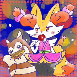 :3 accessory ambiguous_anthro ambiguous_feral ambiguous_gender anthro apple asian_clothing biped blush blush_stickers bottomless bottomless_ambiguous bottomless_anthro bow_ribbon candy candy_apple clothed clothing corn dessert dipstick_tail duo east_asian_clothing eating eating_food feral festival food front_view fruit hair_accessory hair_bow hair_ribbon japanese_clothing knock-kneed looking_away markings nom object_in_tail plant ribbons shrimp_(food) simple_background standing tail tail_markings annyui0611 nintendo pokemon braixen canid furret generation_2_pokemon generation_6_pokemon mammal pokemon_(species) 1:1 2024 digital_drawing_(artwork) digital_media_(artwork) hi_res japanese_description portrait three-quarter_portrait translated_description