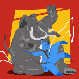 3_tails anthro armpit_fetish armpit_musk armpit_play belly belt big_belly big_power_bottom blue_background blue_body blue_fur blue_tail_tip bodily_fluids cum cum_in_ass cum_inside dipstick_tail duo ejaculation eyewear feet fingers flexing fur genital_fluids goggles goggles_around_neck grey_body head_in_pecs implied_insertion larger_anthro larger_male larger_penetrated larger_sub looking_down looking_pleasured male male/male markings moob_play moob_smother moob_squeeze moob_squish moobs multi_tail muscular muscular_anthro muscular_male musk nipples obscured_penetration overweight overweight_anthro overweight_male pec_play pec_squeeze pecs penetration penile penile_penetration power_bottom raised_arm red_background scar seductive simple_background size_difference smaller_anthro smaller_male smaller_penetrated smile submissive sweat tail tail_markings toes tusks white_background white_body white_fur yellow_background lsdxiii rivals_of_aether gilbert_(ss7xeno) loxodont canid canine elephant elephantid fox loxodon mammal proboscidean 1:1 2025 absurd_res alternate_version_at_source colored flat_colors hi_res