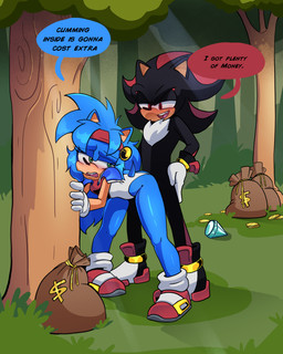 anthro armor big_butt black_body black_fur blue_body blue_fur blush butt clothed clothing doggystyle duo female female_penetrated footwear forest forest_background forest_sex from_behind_position fur gloves green_eyes hair handwear headgear leotard male male/female male_penetrating male_penetrating_female money money_bag nature nature_background penetration plant prostitution sex shoes smile tail teeth text thick_thighs tree white_clothing white_gloves white_handwear wide_hips xao_art falcom popful_mail sega sonic_the_hedgehog_(series) fan_character selena_the_popful_hedgehog shadow_the_hedgehog eulipotyphlan hedgehog mammal 4:5 absurd_res english_text hi_res