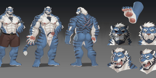 abs angry anthro back_scar balls barazoku barefoot beard biceps black_claws black_facial_hair black_hair blue_body blue_eyes blue_fur bottomwear brown_bottomwear brown_clothing brown_gloves brown_handwear brown_shorts chest_tuft claws clothing color_swatch eye_scar facial_hair facial_scar feet finger_claws fingerless_gloves front_view fur genitals gloves grin hair handwear male multicolored_body multicolored_fur muscular muscular_anthro muscular_male open_mouth pawpads pecs penis pink_nose pink_pawpads pubes rear_view red_eyes scar shorts smile soles solo standing striped_body striped_fur stripes tail text toe_claws tongue tongue_out tuft underpaw white_body white_fur white_hair fdj felid mammal pantherine tiger 2025 absurd_res character_name english_text hi_res model_sheet