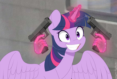 clenched_teeth eyebrow_through_hair eyebrows eyelashes female feral glowing gun hair handgun horn levitation magic magic_hands pistol purple_body purple_eyes purple_hair raised_eyebrow ranged_weapon smile solo teeth toony translucent translucent_hair weapon wide_eyed wings higglytownhero friendship_is_magic glock hasbro my_little_pony mythology twilight_sparkle_(mlp) equid equine mammal mythological_creature mythological_equine winged_unicorn