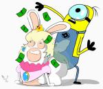 afterimage ambiguous_gender blue_eyes clenched_teeth clothed clothing crossdressing dancing dress duo female female/ambiguous male male/female money simple_background teeth text tipping twerking white_background wig florkofcows despicable_me illumination_entertainment mario_bros mario_plus_rabbids_kingdom_battle nintendo raving_rabbids rayman_(series) ubisoft rabbid_peach humanoid lagomorph mammal minion_(despicable_me) rabbid absurd_res crossover english_text hi_res signature sketch