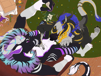 4_toes animal_genitalia anthro anthro_on_anthro balls beard black_body black_fur braided_beard braided_hair chair christmas_present claws duo eye_contact facial_hair facial_horn facial_piercing feet finger_claws fur furniture genitals gift hair hand_on_chest high-angle_view holding_mistletoe horn inside kneeling kneeling_on_ground kneeling_oral_position knot knot_root knotted_penis long_tail looking_at_another male male/male mistletoe multicolored_body multicolored_fur nose_horn nose_piercing nose_ring on_chair pawpads penis penis_in_mouth piercing plant purple_body purple_fur ring_piercing septum_piercing septum_ring sex sheath sitting sitting_on_chair tail tail_tuft toe_claws toes tuft white_balls white_sheath yellow_body yellow_fur plussun chronos_(duke-jarnunvosk) kasier_relkin felkin 4:3 hi_res
