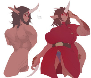 belt big_breasts black_hair breasts clothing female hair horn long_nails looking_at_viewer looking_back looking_back_at_viewer nude red_clothing red_eyes scales simple_background smile solo tail underwear white_background corablue out-of-placers isher animal_humanoid humanoid 2026 digital_media_(artwork) hi_res