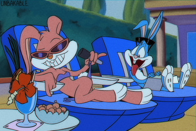 adolescent anthro beach_chair beverage bikini bottomless butt clothed clothing detailed_background duo electronics eyewear female food looking_at_viewer lustful_gaze lying male microphone nude on_model on_side open_mouth outside reclining seductive smile sunglasses swimwear tongue tongue_out two-piece_swimsuit undressing vhs_filter young young_anthro young_female young_male unbakable tiny_toon_adventures warner_brothers babs_bunny buster_bunny lagomorph leporid mammal rabbit 2025 3:2 hi_res
