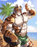 abs anthro bag beach biceps bottomwear clothing fur fur_markings green_eyes hair male markings multicolored_body multicolored_fur muscular muscular_anthro muscular_male orange_body orange_fur pecs sea shirtless_male shorts smile solo standing striped_body striped_fur stripes two_tone_body two_tone_fur water white_body white_fur anjing_kampuss felid mammal pantherine tiger hi_res