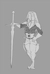 anthro armor barefoot chainmail clothing corset feet female gloves gorget greaves hair handwear lingerie long_hair long_sword melee_weapon solo spaulder sword tassets topwear weapon cryphalen lagomorph leporid mammal rabbit monochrome