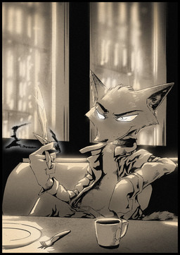 anthro bare_chest belt biped booth_seating clothed clothing container cup cutlery fork furniture holding_object holding_weapon jacket kitchen_utensils knife male open_clothing open_jacket open_topwear plate reclining sitting smile solo tools topwear weapon thewyvernsweaver disney zootopia nick_wilde canid canine fox mammal red_fox true_fox 2017 absurd_res digital_media_(artwork) film_grain hi_res monochrome sepia