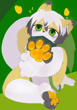 bodily_fluids claws clothed clothing feet finger_claws foot_focus fur green_eyes hair looking_at_viewer male pawpads paws simple_background sitting small_eyebrows solo sweat sweaty_feet toe_claws toeless_(marking) white_background yellow_body yellow_fur yellow_pawpads falni mammal absurd_res hi_res