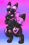 <3_bulge anthro anthrofied biped black_body blush bulge femboy glistening gradient_background heart_symbol hypnosis latex looking_at_viewer mind_control multicolored_body null_bulge pink_body pokemorph simple_background smile solo spiral_eyes striped_body stripes two_tone_body himuic-tmill nintendo pokemon eeveelution generation_2_pokemon mammal pokemon_(species) umbreon 2022 digital_drawing_(artwork) digital_media_(artwork) hi_res