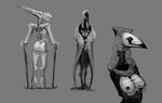 anthro areola beak blue_eyes breasts butt clothing feathers female group headdress nipples pupils scary simple_background slit_pupils translucent translucent_clothing trio winged_arms wings meandraco avian humanoid monster hi_res monochrome