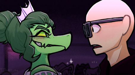 anthro bald biped black_clothing black_shirt black_topwear blush canon_couple clothed clothed_anthro clothed_female clothed_human clothed_male clothing crown dark_room dress duo_focus eye_contact eyewear female freckled_face freckled_shoulders freckles green_body green_hair green_scales grey_eyes group hair hair_bun headgear human_on_anthro interspecies long_hair looking_at_another male male/female open_mouth prom romantic romantic_couple scales shirt side_view smile sunglasses text tiara topwear white_clothing white_dress wide_eyed yellow_sclera theoptimisfit cavemanon_studios i_wani_hug_that_gator background_character inco_(iwhtg) olivia_halford baryonyx dinosaur human mammal prehistoric_species reptile scalie spinosaurid theropod 16:9 artist_name colored widescreen