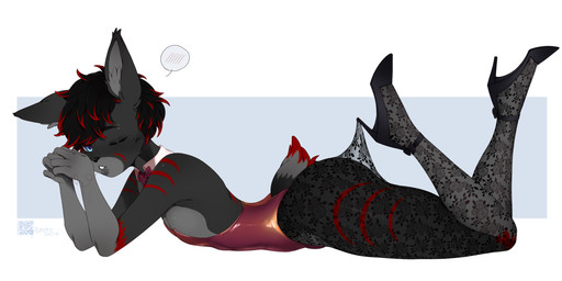 anthro belly_on_ground bent_legs big_butt black_hair blue_eyes blush blush_lines blush_symbol bow_tie bubble_butt butt cheek_tuft clothing corset eyebrow_piercing eyeliner facial_piercing facial_tuft femboy feminine flirting_look fluffy fluffy_tail footwear fur gold_piercing grey_body grey_fur hair heart_symbol high_heels kicking_legs latex latex_clothing latex_corset latex_lingerie latex_topwear legs_up legwear lingerie lying makeup male multicolored_body multicolored_fur multicolored_hair on_front one_eye_closed pantyhose piercing presenting red_body red_bow_tie red_fur red_hair red_latex seductive shoes solo tail thick_thighs topwear tuft wink sonyan hooked_on_heel_(trend) dan_(femboy_dan) lagomorph leporid mammal rabbit absurd_res hi_res