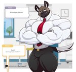 anthro asking asking_another barazoku big_muscles bottomwear clock clothing crossed_arms huge_muscles hyper hyper_muscles inviting male muscular muscular_anthro muscular_male necktie office solo standing tight_bottomwear tight_clothing tight_topwear topwear uniform wolfiecanem aggretsuko sanrio haida_(aggretsuko) hyena mammal spotted_hyena 2018 digital_media_(artwork)