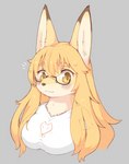 anthro blonde_hair blush breasts brown_nose clothing dipstick_ears ear_markings eyewear female female_anthro fur glasses grey_background hair kemono looking_at_viewer multicolored_ears shirt simple_background smile solo topwear white_body white_clothing white_fur white_shirt white_topwear yellow_body yellow_eyes yellow_fur shitsu_kushi-mono canid canine fox mammal 2021 bust_portrait hi_res portrait