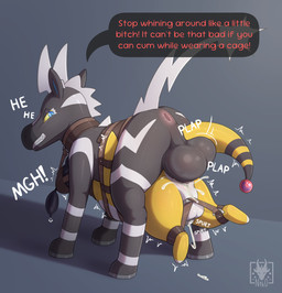 anal anal_penetration asphyxiation balls bdsm belly_riding big_balls black_body black_fur blue_eyes bodily_fluids bondage bound breath_play butt chastity_cage chastity_device clothing collar cum cum_in_ass cum_inside cum_while_chaste cum_while_penetrated dialogue duo erection feral fur genital_fluids genitals huge_balls latex latex_clothing latex_hood male male/male male_penetrated male_penetrating male_penetrating_male metal_chastity_cage orgasm penetration profanity rebreather_bag sensory_deprivation sex solid_chastity_cage sound_effects speech_bubble striped_body striped_fur stripes suspension tail text tight_clothing wearing_chastity_cage wearing_chastity_device white_body white_fur white_stripes yellow_body yellow_fur yellow_sclera n1k0 nintendo pokemon ampharos equid equine generation_2_pokemon generation_5_pokemon mammal pokemon_(species) zebstrika english_text hi_res