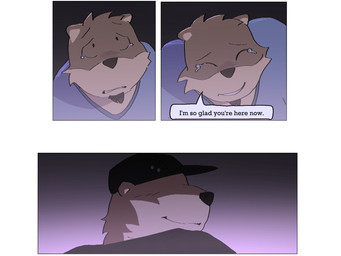 anthro bodily_fluids clothed clothing crying dialogue duo facial_hair hat headgear headwear male night simple_background smile speech_bubble tears text phwog echo_(game) echo_(series) echo_project chase_hunter sydney_bronson asian_small-clawed_otter lontra mammal mustelid north_american_river_otter otter river_otter 4:3 comic english_text hi_res